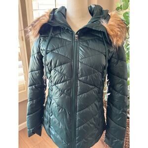 Guess Black Puffer Jacket Women's Size Medium Faux Fur Hood Trim